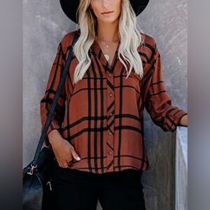 ZC & GF Women’s Stylish Brown and Black Plaid Button-Down Long Sleeve Shirt XL